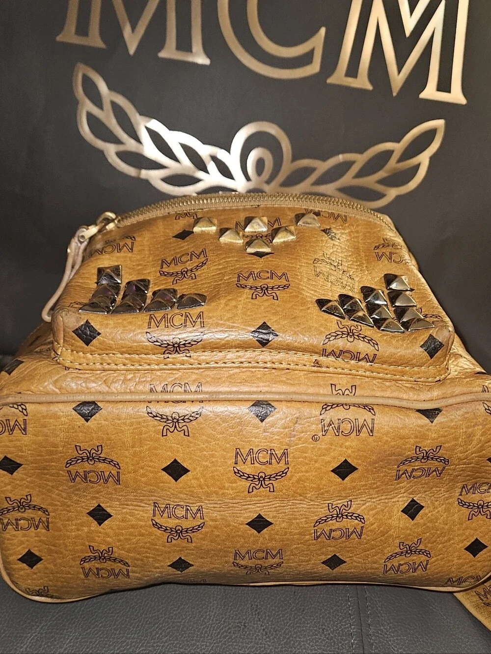 MCM Cognac Logo Studded Visetos Backpack with Gold Hardware
